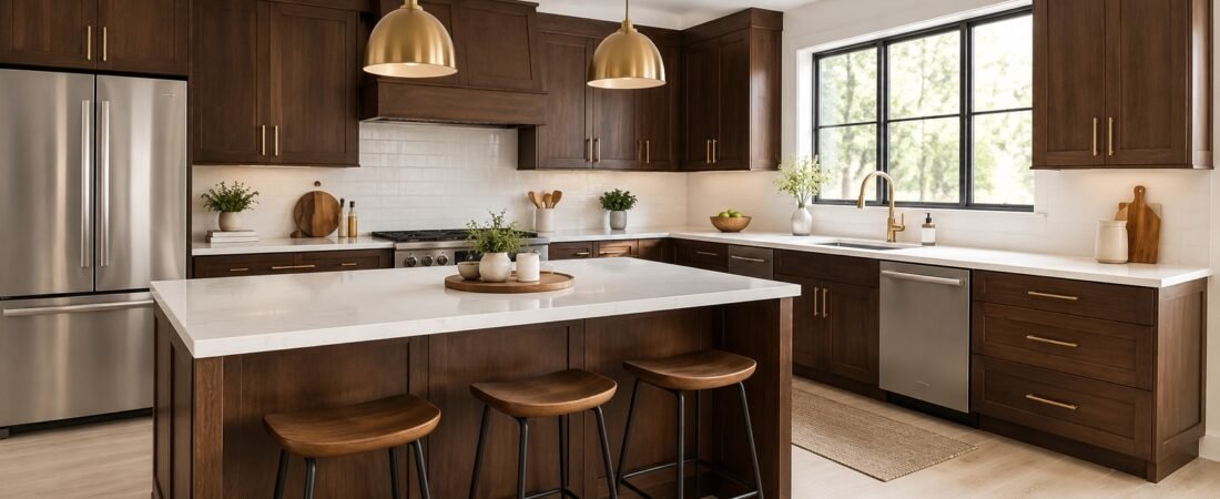 Dark Wood Cabinets with Light Countertops Design Ideas